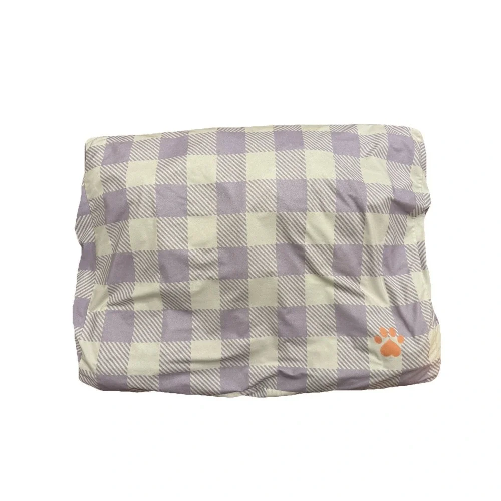 Medium Dog Cat Pet Bed Mat Cozy‎ Soft Plush Gingham Paw Print Lavender White
